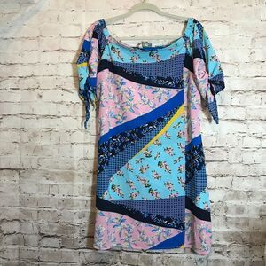 Peacocks Dress Womens 14 Shift Turquoise Mixed Print Off The Shoulder Boho